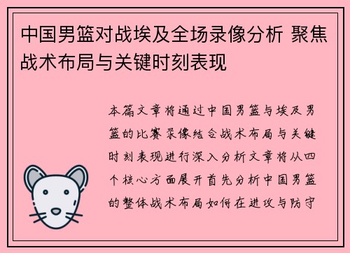 中国男篮对战埃及全场录像分析 聚焦战术布局与关键时刻表现